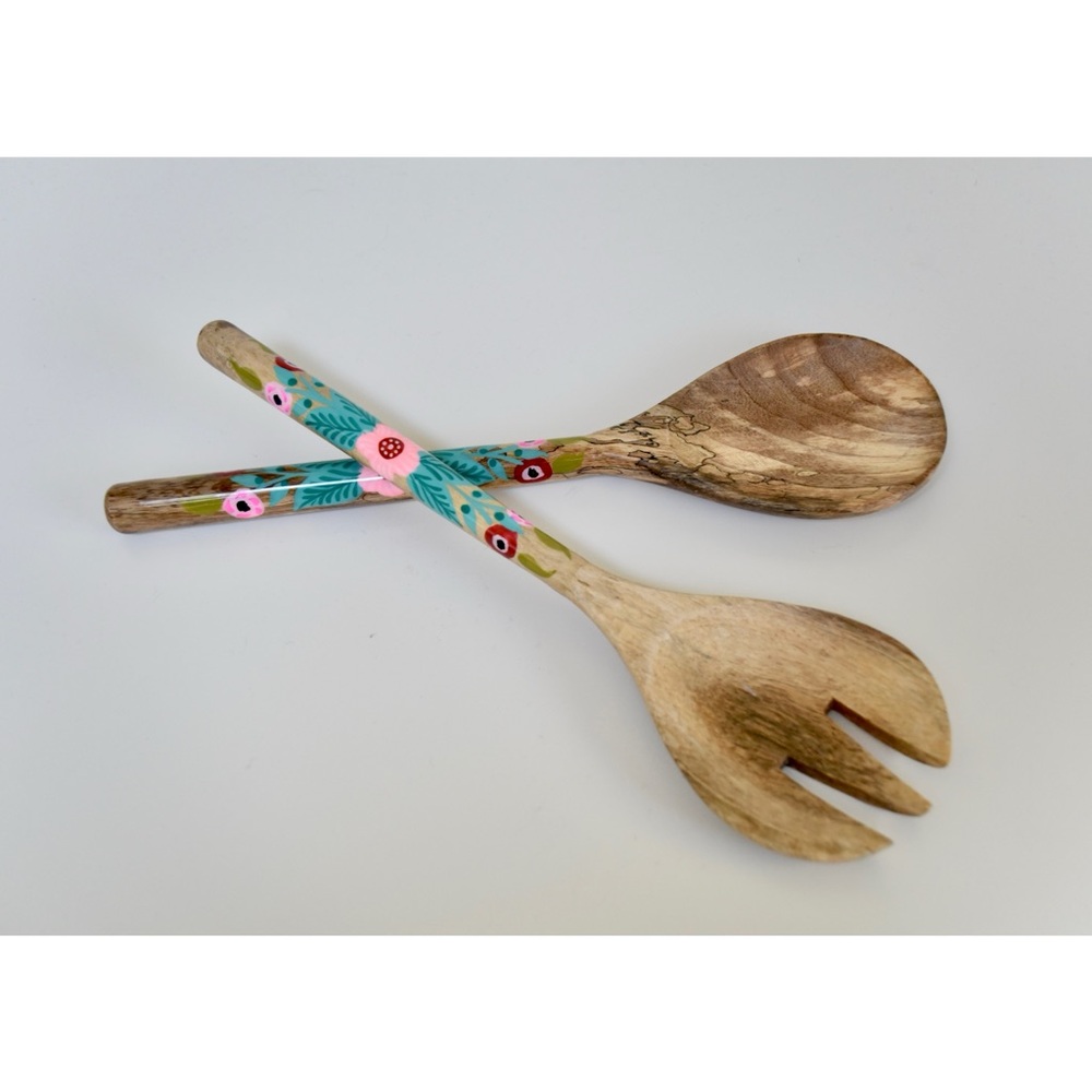 ModCloth Mango Wood Floral Handle Salad Server Set by Karma Living